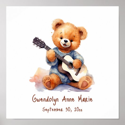 Poster d'art Nursery Teddy Bear Guitare personnali (Devant)