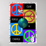Poster d'art pop de Peace a Chance<br><div class="desc">Soyez super et faites la promotion de la paix dans le monde avec cette Poster Donner la Paix à Chance avec quatre signes de paix colorés, la terre 3D et une colombe dans des couleurs amusantes et funky dans le style hippie authentique. Cliquez sur l'une des icônes d'affiche ci-dessous pour...</div>