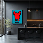 Poster d'art Red Bird Pop - Dessin amusant Animal<br><div class="desc">Affiche pop art brillante d'un oiseau rouge avec ailes relevées, en noir gras sur turquoise. Un design ludique de la collection Pop Animal, parfait pour une décoration murale colorée, décalée et moderne.</div>