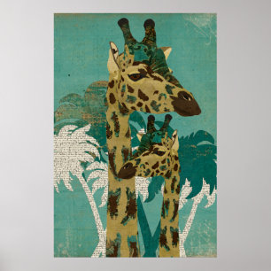 Poster d'art rétro de Giraffes de Boho bleu tropic