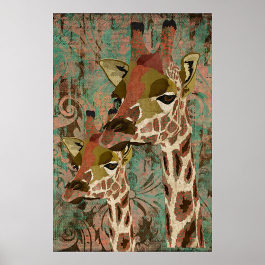 Poster d'art Rosa Giraffes Damask (Devant)