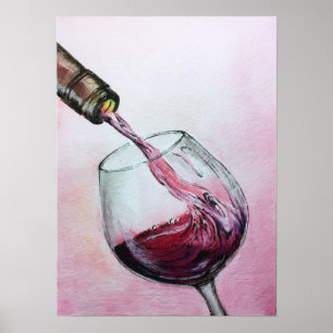 Poster d'Art Vin Rouge Aquarelle Peinture Cuisine