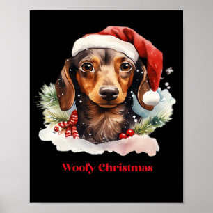 Poster Daschund Chien Noël Chapeau De Père Noël Xmas Lumi