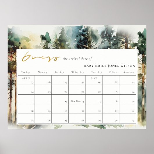 Poster Date prévue pour bébé forêt de bois aquarelle (Devant)