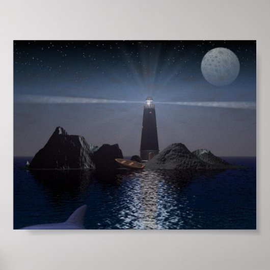 Poster Dauphin et phare la nuit (Devant)