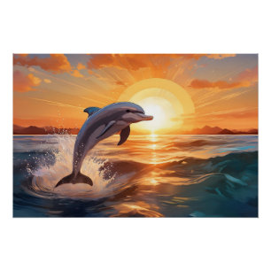 Poster Dauphin sautant au coucher du soleil sur l'océan