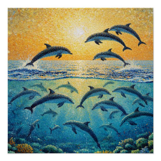 Poster Dauphins au coucher du soleil l (Devant)