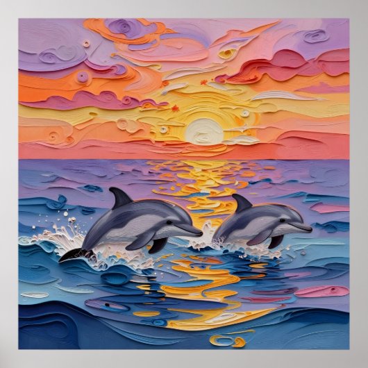 Poster Dauphins Impasto et vagues océaniques (Devant)