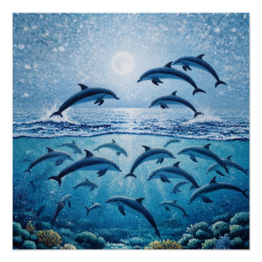 Poster Dauphins pleine lune  (Devant)