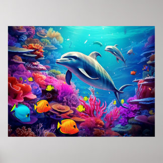 Poster Dauphins sur la barrière de corail, vie marine