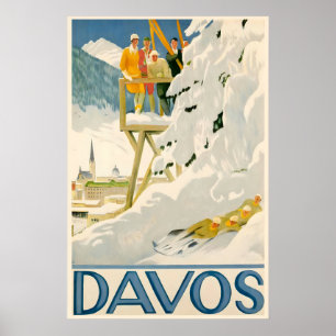 Poster Davos Alpes suisses Sport d'hiver Suisse Vintage