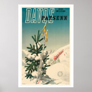 Poster Davos Parsenn Montagne Neige Suisse Vintage