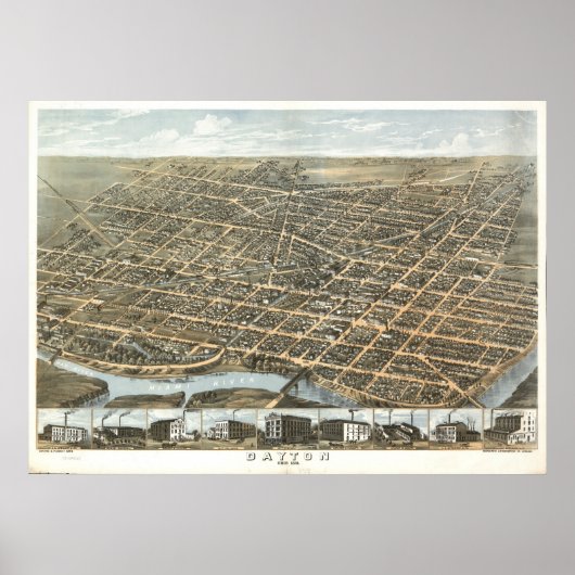Poster Dayton Ohio 1870 Carte panoramique antique (Devant)