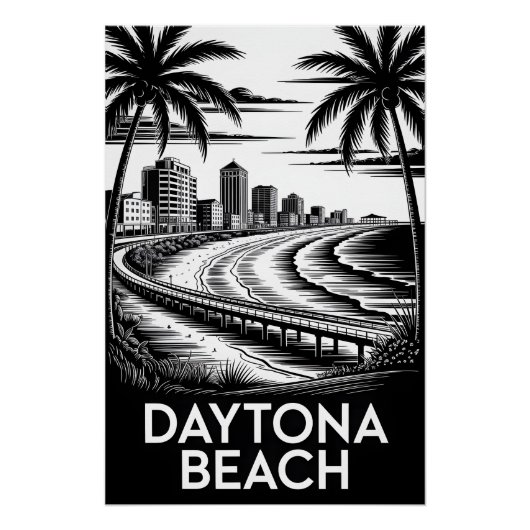 Poster Daytona Beach Floride Noir Blanc Gravure sur Bois (Devant)