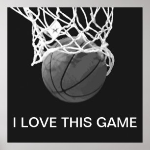 Poster de basket-ball noir et blanc J'aime ce jeu