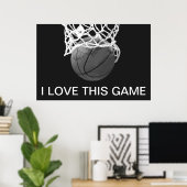 Poster de basket-ball noir et blanc J'aime ce jeu (Bureau à domicile)