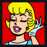 Poster de beauté Retro Bande dessinée<br><div class="desc">Yowza ! Ce Retro Comic Strip Beauty Poster présente une jolie blonde aux lèvres roses et aux cils sombres sur un arrière - plan rouge. Une main gilée est visible alors qu'elle jette ses cheveux jaunes comme le flirt qu'elle est. Voyez-vous dans les journaux drôles !</div>