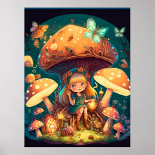 Poster De beaux elfes mignons jouent sous les champignons