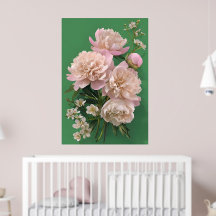 De belles pivoines blanches et roses sur fond vert