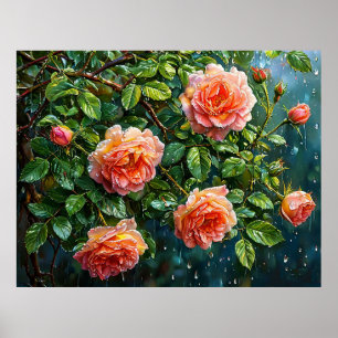 Poster De belles roses pêche par un jour de pluie