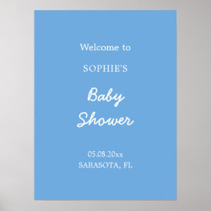 Poster de bienvenue bleu minimaliste baby shower