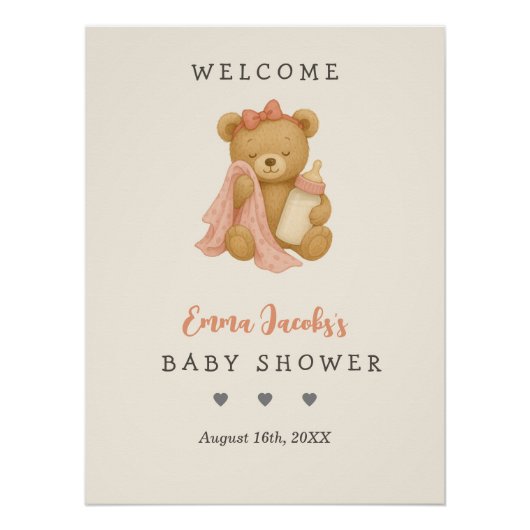 Poster de bienvenue de Baby shower de fille Teddy (Devant)