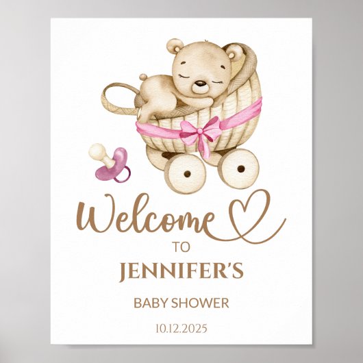 Poster de bienvenue de baby shower de fille Teddy  (Devant)