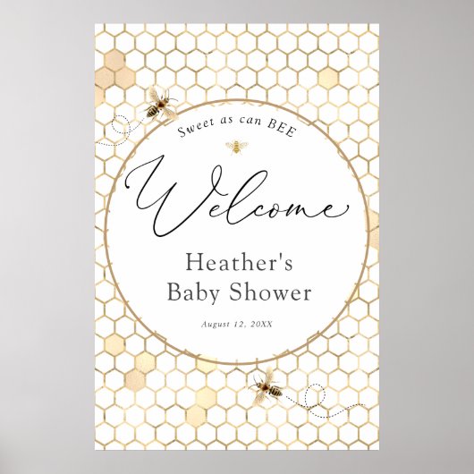 Poster de bienvenue du Baby shower d'abeilles doré (Devant)