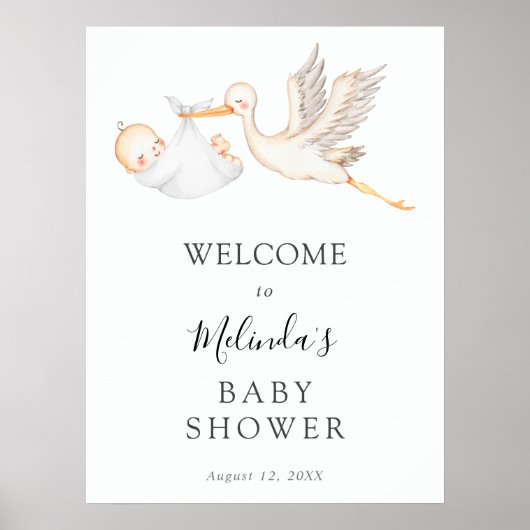 Poster de bienvenue du Baby shower de cigogne blan (Devant)