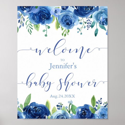 Poster de bienvenue du Baby shower de fleurs bleue (Devant)