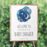 Poster de bienvenue du Baby shower Moon and Stars<br><div class="desc">Cette affiche d'accueil baby shower lune et étoiles est parfaite pour un baby shower simple. Le design moderne et fantaisiste est composé d'un nuage bleu marine d'aquarelle avec un quart de lune jaune et des étoiles. Customisez l'affiche avec le nom de la future maman et la date de la douche....</div>