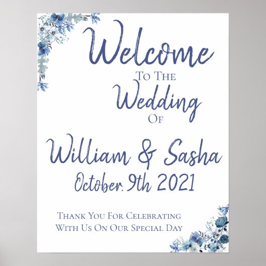 Poster de bienvenue du Mariage Floral Bleu (Devant)