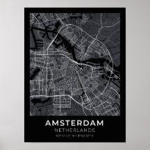 Poster de carte de la ville noire d'Amsterdam Pays