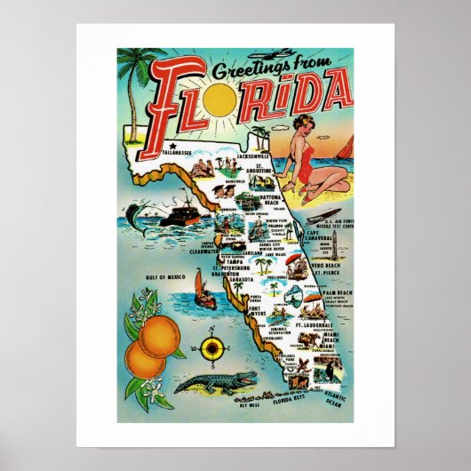 Poster de carte Floride Retro 12x16 (Devant)