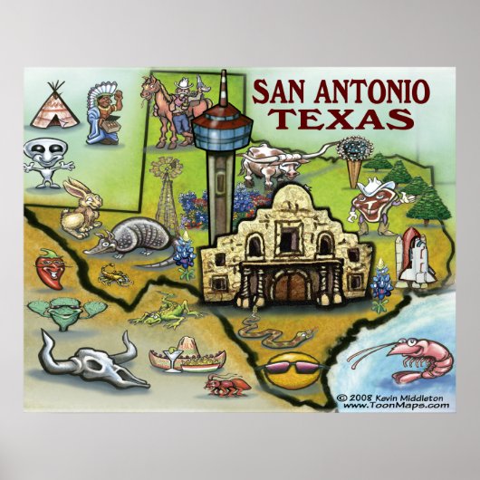 Poster de carte San Antonio TEXAS (Devant)
