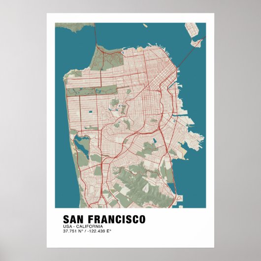 Poster de carte San Francisco - Carte Vintage Cali (Devant)
