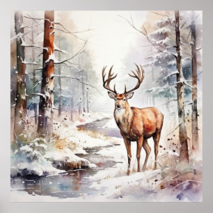 Poster de cerfs en aquarelle d'hiver