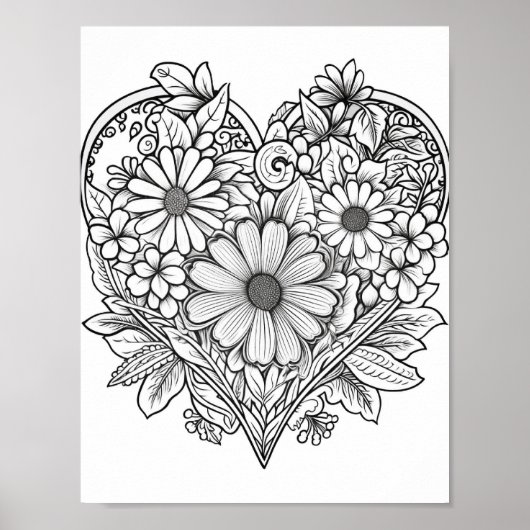 Poster de coloriage du coeur floral (Devant)