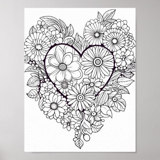 Poster de coloriage du coeur floral (Devant)