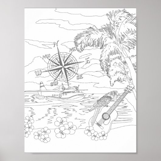 Poster de coloriage pour adultes de l'île tropical (Devant)