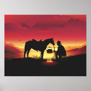 Poster de Cowboy et de Horse au coucher du soleil