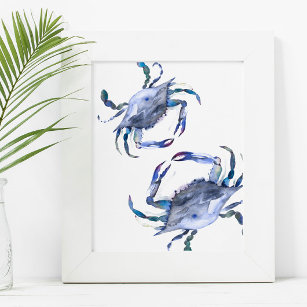 Poster de crabe bleu côtier d'aquarelle Art de la 