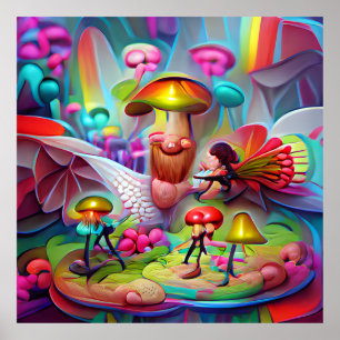 Poster de dessin animé de champignons et fées