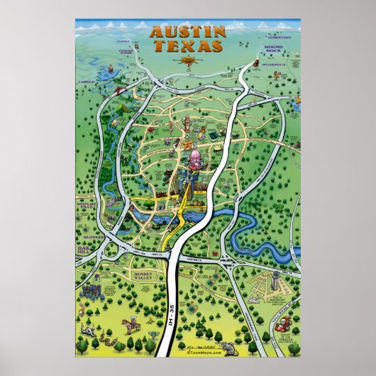 Poster de la carte de dessin d'Austin Texas (Devant)