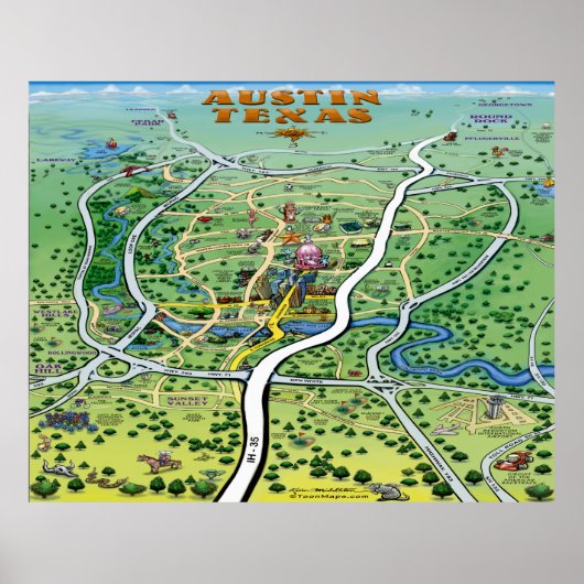 Poster de la carte de dessin d'Austin Texas (Devant)