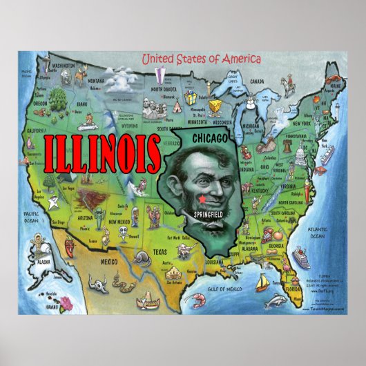 Poster de la carte de l'Illinois USA (Devant)