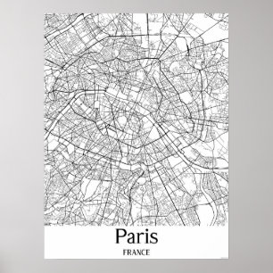 Poster de la carte de Paris France en noir et blan