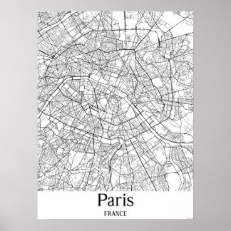 Poster de la carte de Paris France en noir et blan