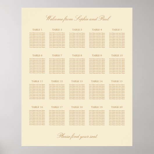 Poster de la carte de siège Mariage de table crème (Devant)