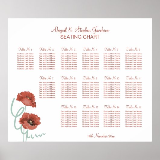 Poster de la carte de siège Mariage Red Peonies (Devant)